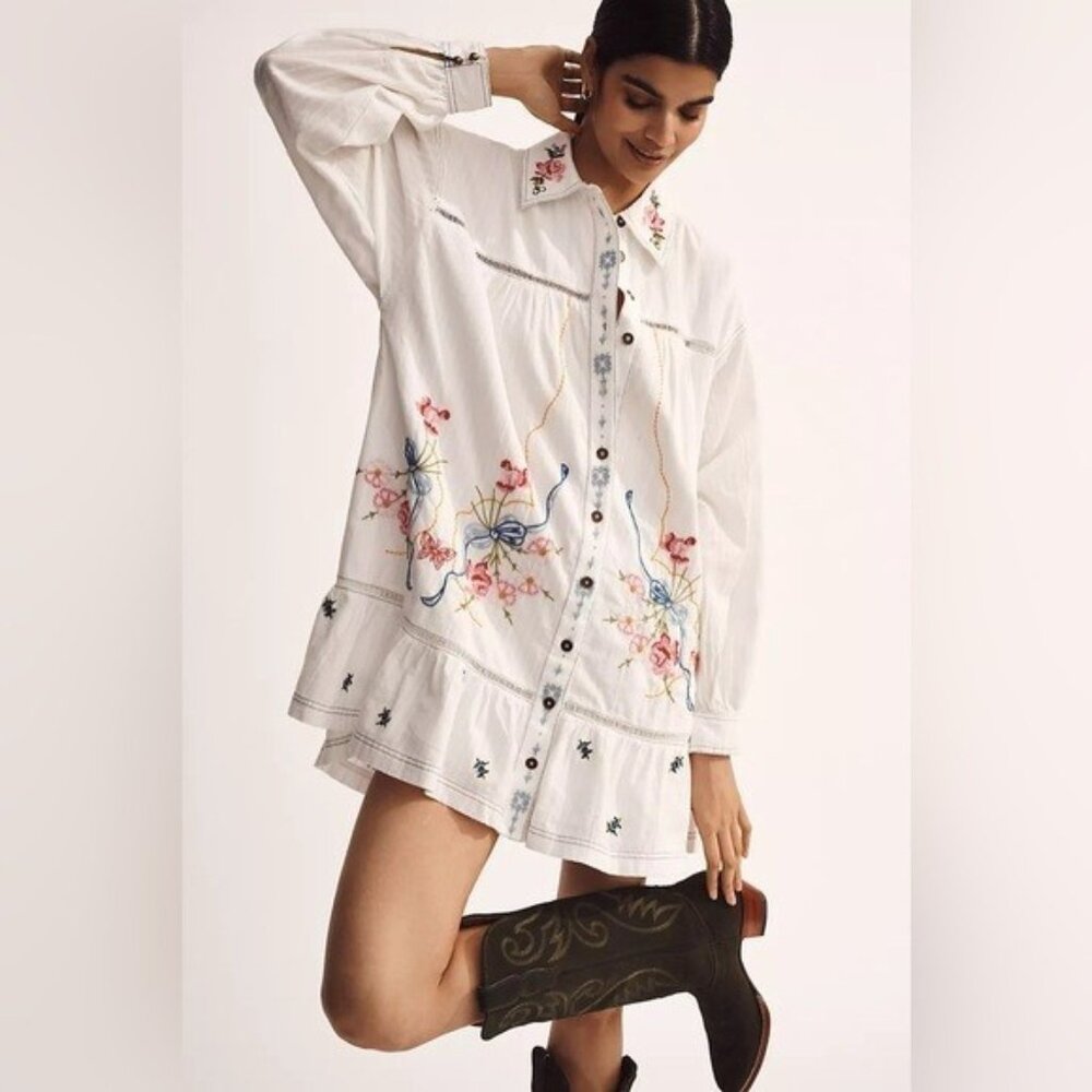 NWT LP - Anthropologie 100% Cotton 3D Floral Embroidered Swing Shirt Dress